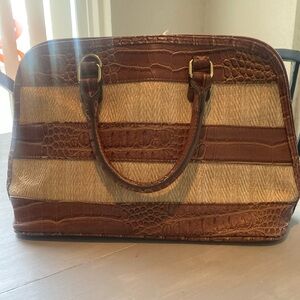 Bueno Faux Brown Alligator Print Leather Accented with Tan Straw Women's Handbag
